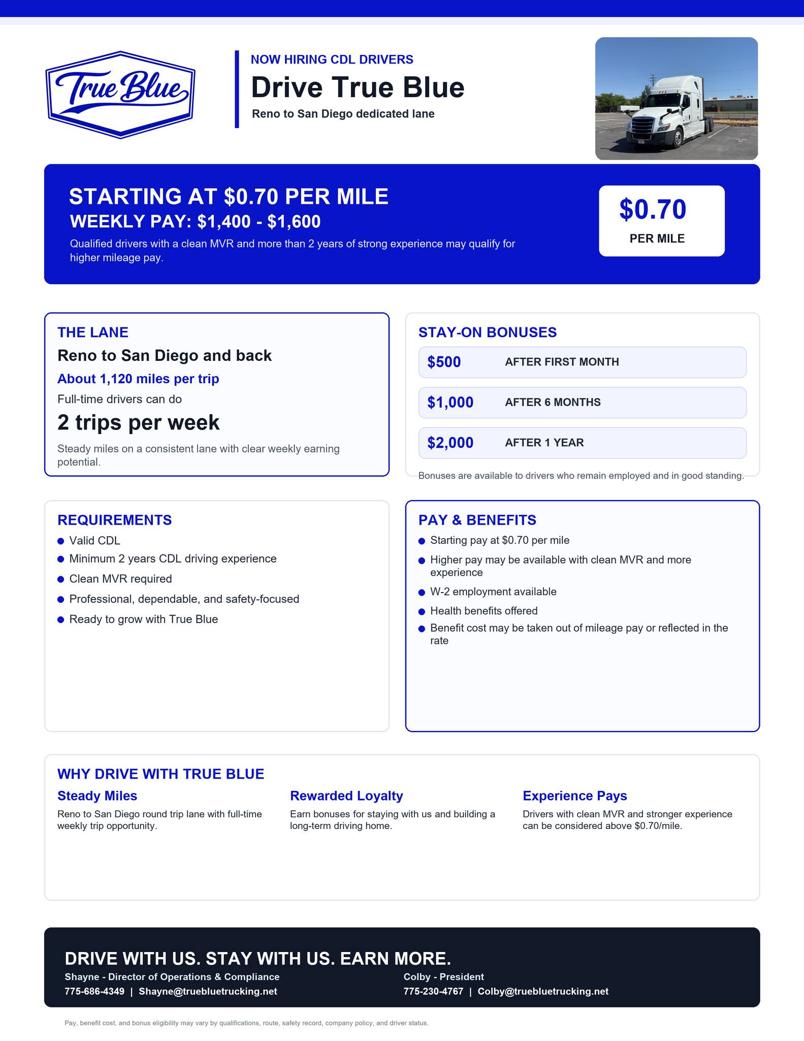 True Blue Trucking CDL driver flyer for the Reno to San Diego dedicated lane