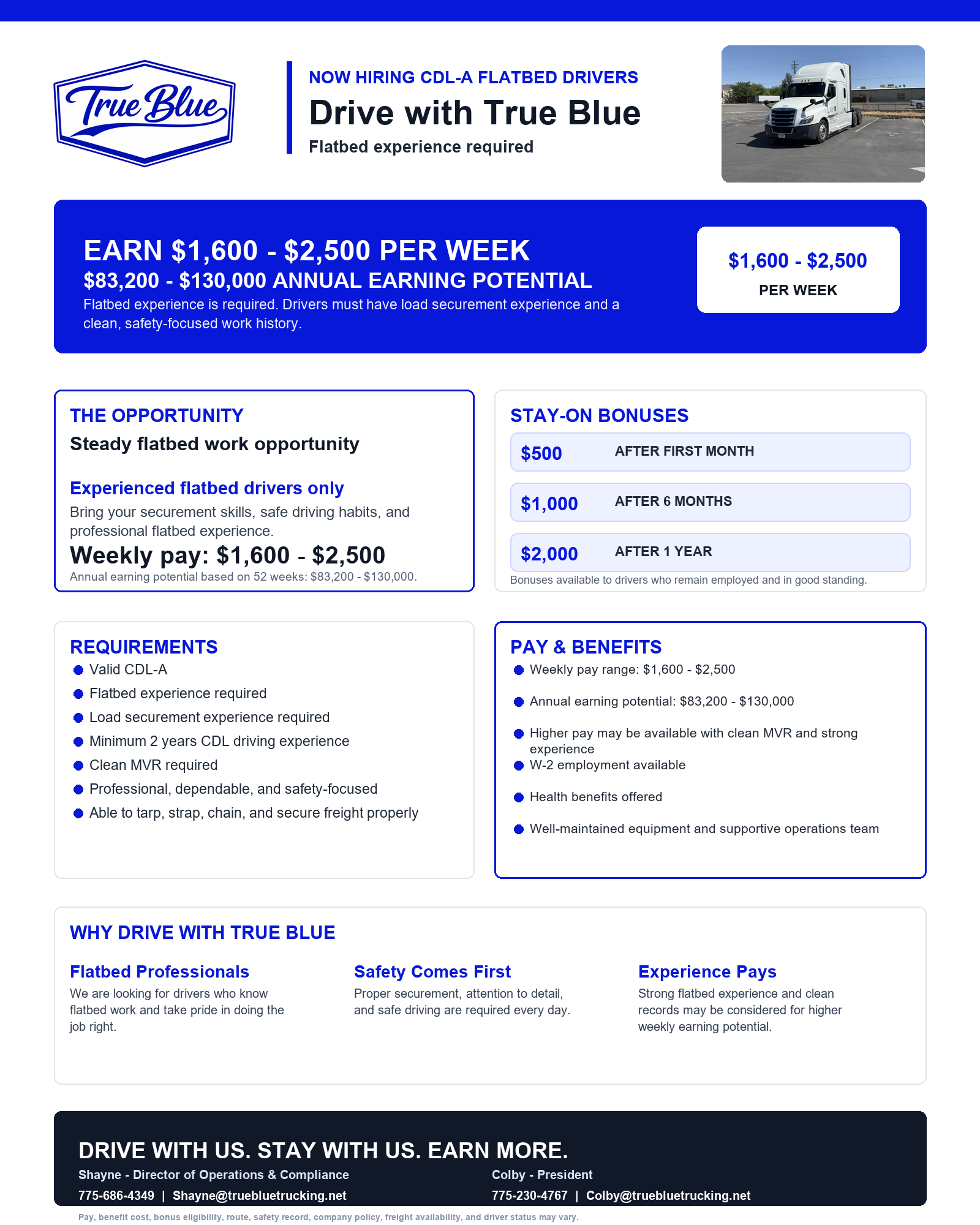 True Blue Trucking CDL-A flatbed driver flyer